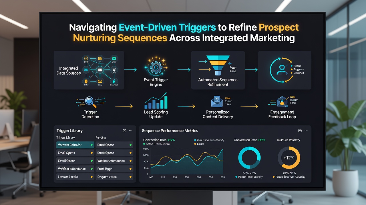 Flowchart illustrating event triggers flowing into refined nurture sequences on connected marketing platforms